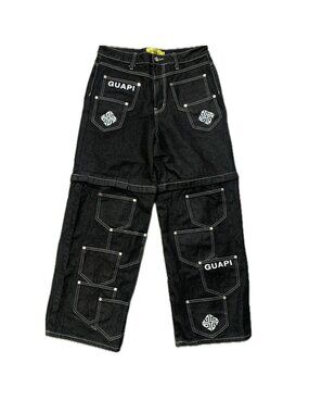 GUAPI Men 34 Black Denim Convertible Detachable Wide Leg Skater Cargo Pants